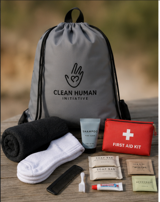 CleanStart Care Kit backpack with soap, shampoo, socks, and first aid supplies