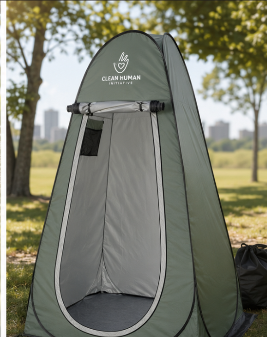 Olive green privacy shelter tent with Clean Human Initiative logo
