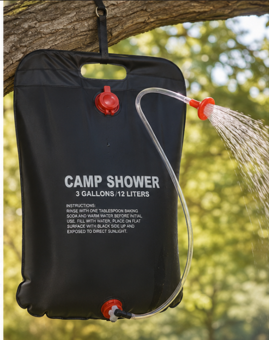 Portable 3-liter camp shower bag hanging from a tree branch